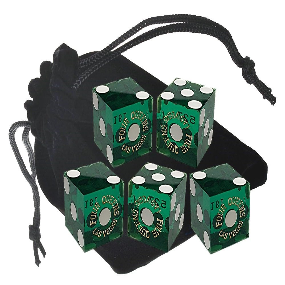 Set of 5 Authentic Las Vegas Casino Table-Played 19mm Craps Dice with Matching Serial Numbers - Four Queens (Green Polished)