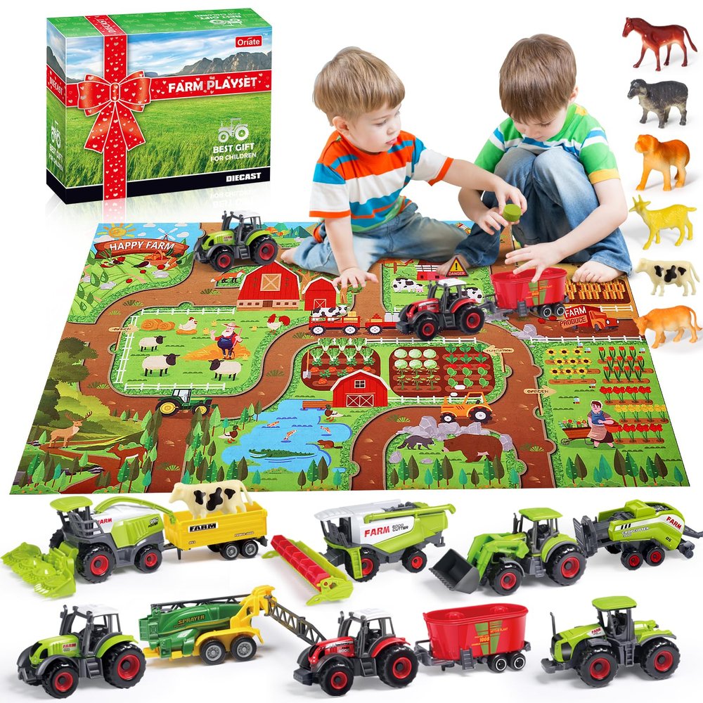 Oriate Farm Tractor Toys Vehicle with Animals & Activity Play Mat, 38Pcs Educational Realistic Kid's DIY Diecast Set, Kids Tractors Trailer Sprayer Cow Animal Toy Birthday Gift