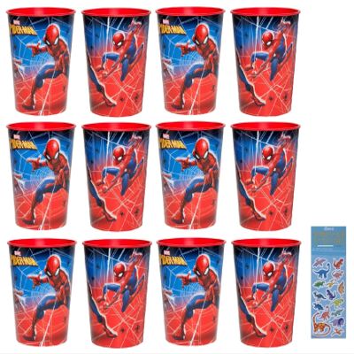 Unique Spiderman Birthday Party Supplies Bundle Pack includes 12 Plastic Cups and 1 Dinosaur Sticker Sheet