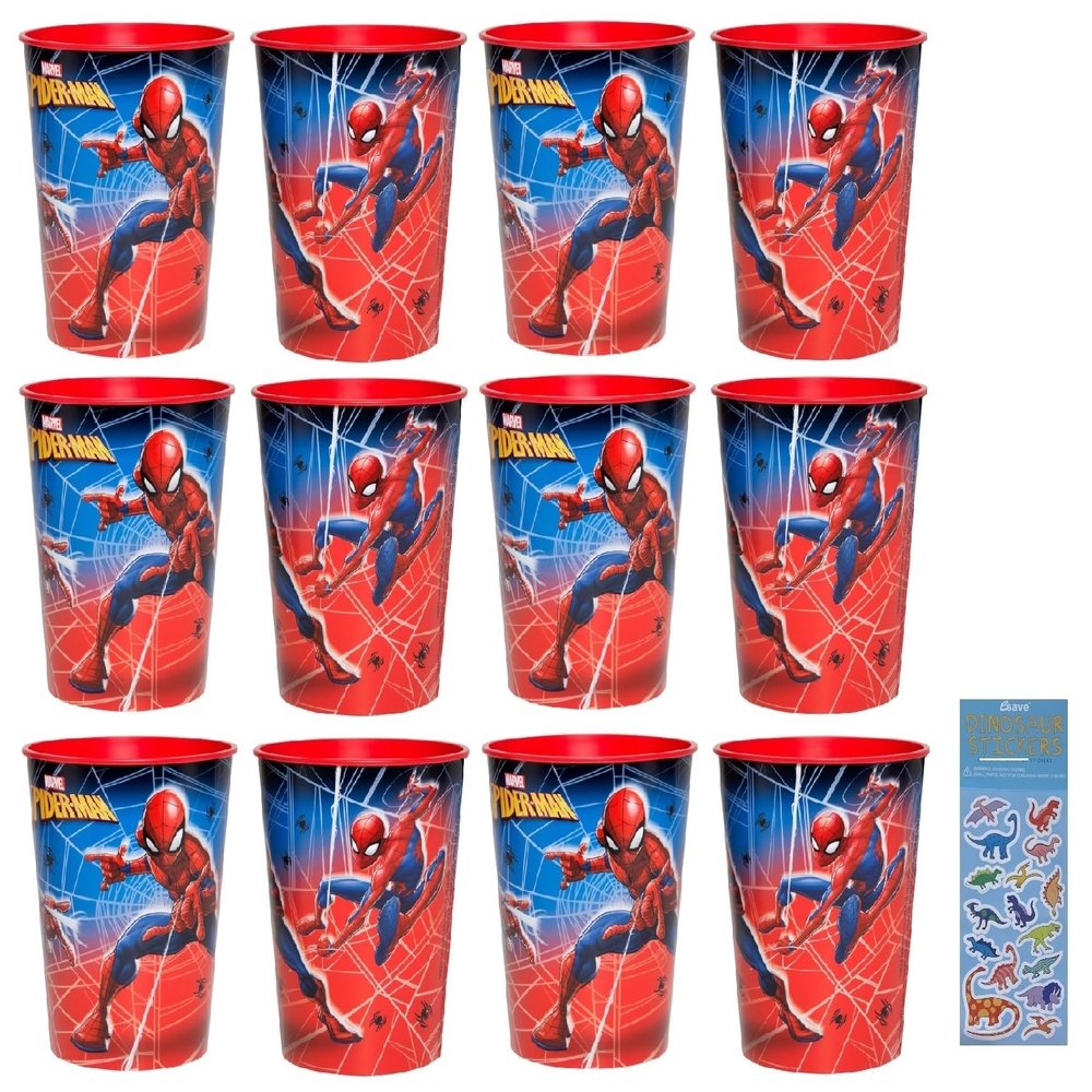 Unique Spiderman Birthday Party Supplies Bundle Pack includes 12 Plastic Cups and 1 Dinosaur Sticker Sheet