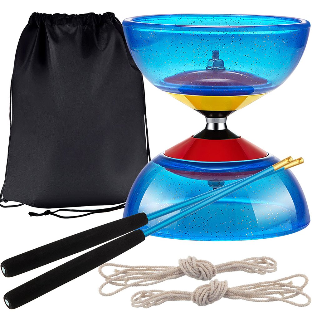 6 Pieces Chinese Diabolo Toy Set Includes 5 Inches Five Bearings Diabolo Blue Ball Toys with 2 Alloy Sticks 2 Ropes Drawstring Bag for Fun