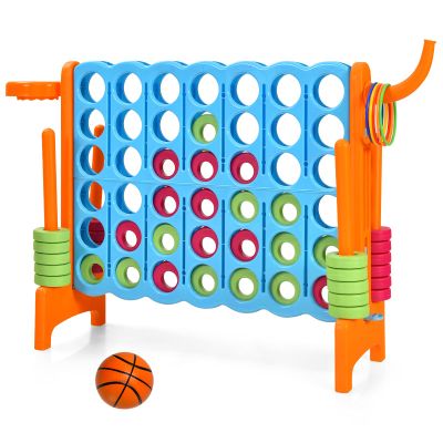 Costzon Giant 4-in-A-Row, Jumbo 4-to-Score Giant Game w/Basketball Hoop, Ring Toss, Quick-Release Slider, 42 Jumbo Rings, Indoor Outdoor Family Connect Game for Kids & Adults, Backyard Games, Orange