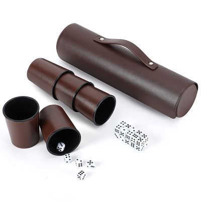 Party Games Leather Dice Cup Set, 5 Black Dices Cups + 25 Dice + Exclusive Storage and Transport Case Made of Faux
