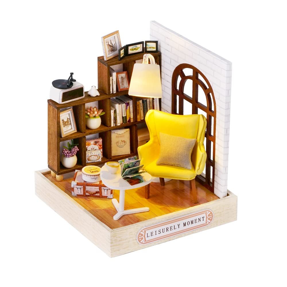 TuKIIE DIY Miniature Dollhouse Kit with Furniture, 1:24 Scale Creative Room Mini Wooden Doll House Plus Dust Proof for Kids Teens Adults(Leisurely Moment)