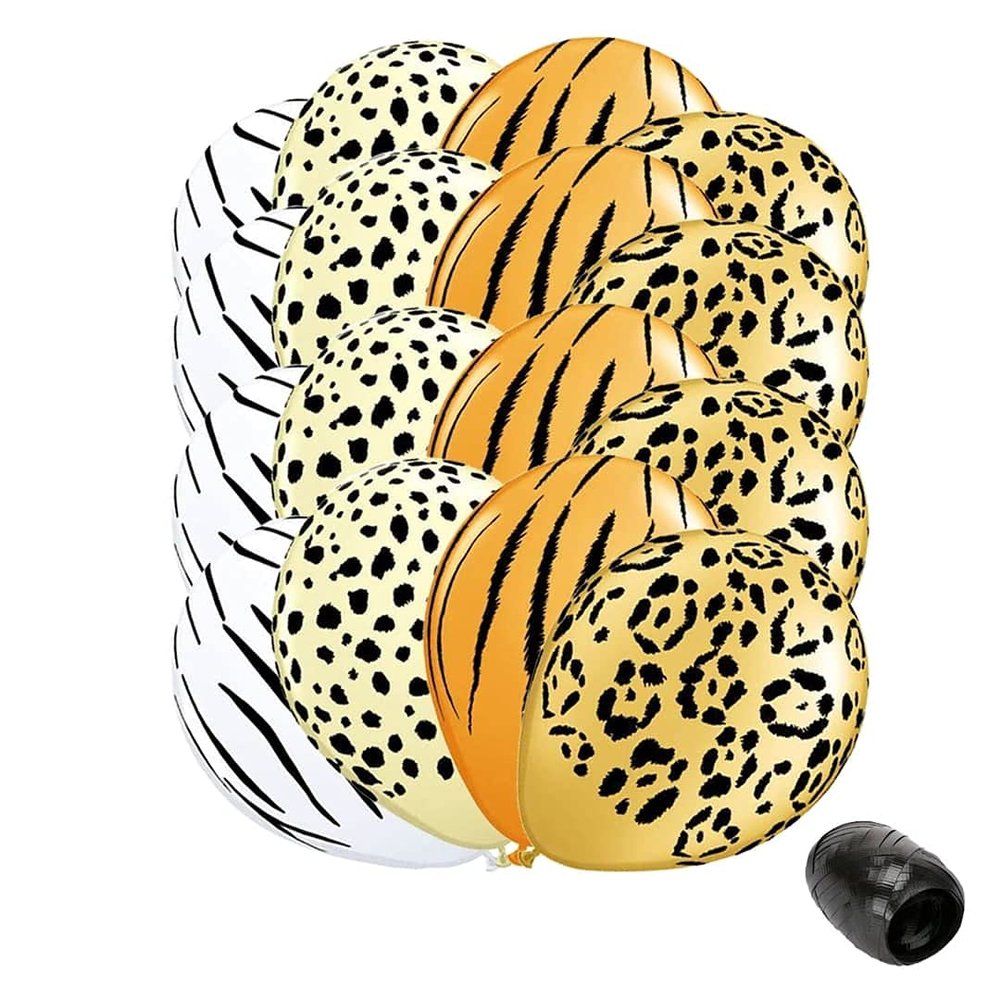 16PCS Jungle Animal Print Balloons Jungle Safari Print Latex Decorations Zoo Animal Safari Balloons with Matching Ribbon