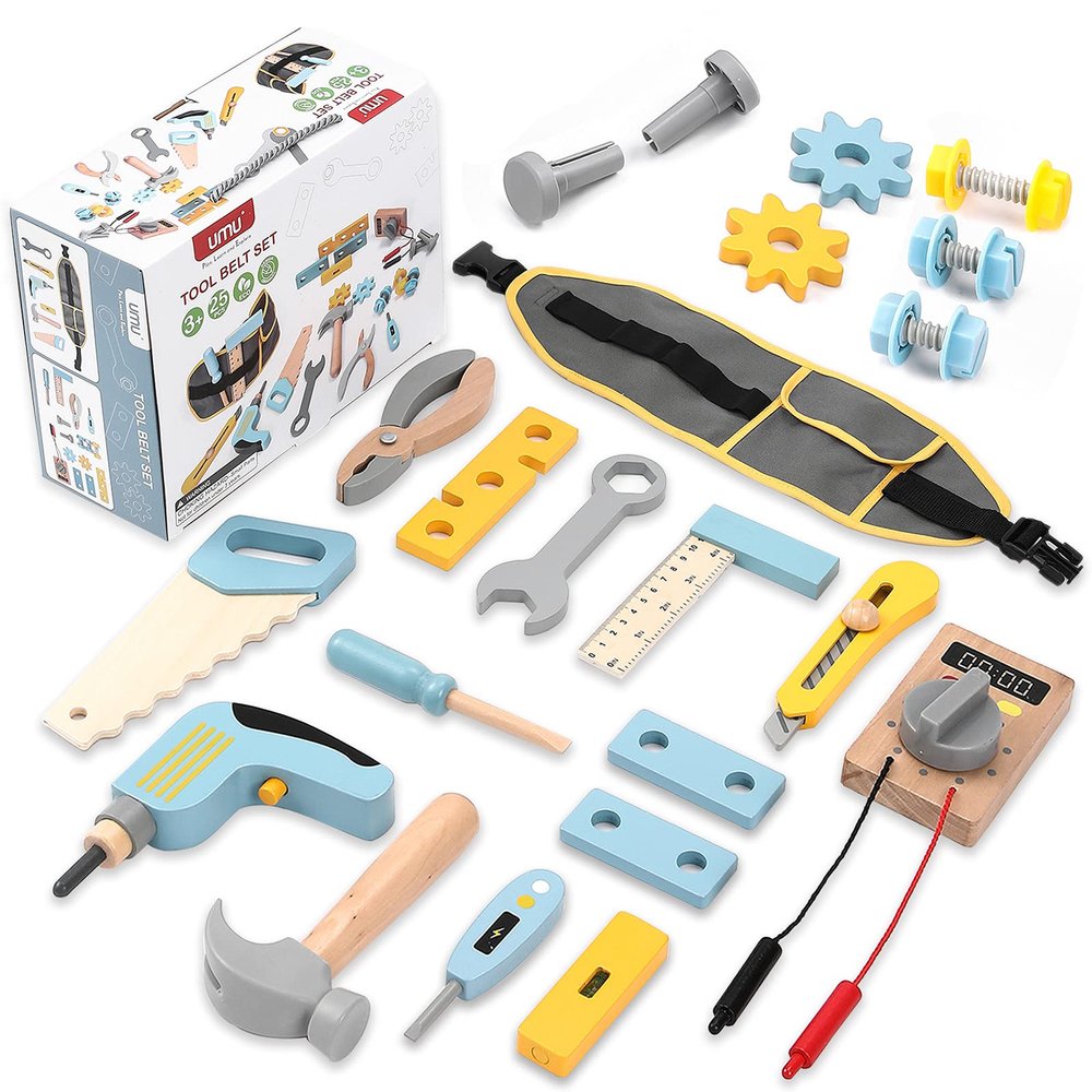 umu Wooden Kids Tool Set for Toddlers, Pretend Toy 25 Pieces Construction Tool Toy Set Backpack for 3, 4 and 5 Year Old Girls and Boys