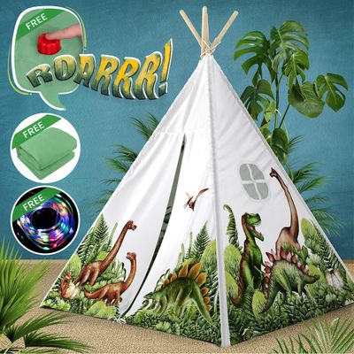 W&O Dinosaur Discovery Teepee with Roar Button, LED Lights & Plush Mat - The Most Stable Teepee - Never Collapses with Rowdy Playtime