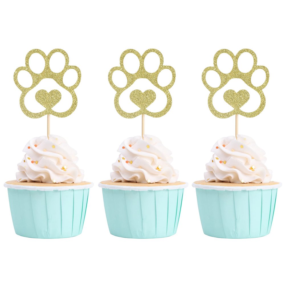 Dog Paw Print Cupcake Toppers - Puppy Dog Cake Toppers Set of 12pcs, Puppy Dog Birthday Party Decorations Supplies, Pet Theme Party Cake Decorations Supplies, Baby Shower Party Decorations