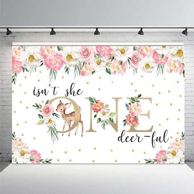 MEHOFOND 7x5ft Deer Girl 1st First Birthday Backdrop Pink Floral Gold Confetti Isn't She One-Deer-ful Banner Sweet One Princess Party Decor Photobooth Supplies Cake Table Props