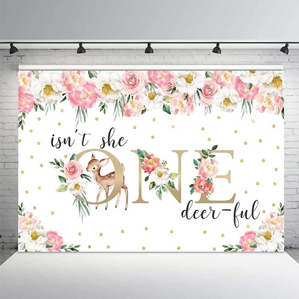 MEHOFOND 7x5ft Deer Girl 1st First Birthday Backdrop Pink Floral Gold Confetti Isn't She One-Deer-ful Banner Sweet One Princess Party Decor Photobooth Supplies Cake Table Props