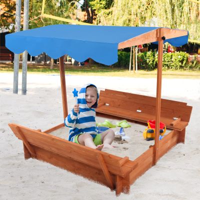 47x47in Kids Large Wooden Sandbox for Backyard, Outdoor Backyard Bench Outdoor Play Sand Box with Canopy Shade, 2 Foldable Bench Seats, Sand Protection, Bottom Liner