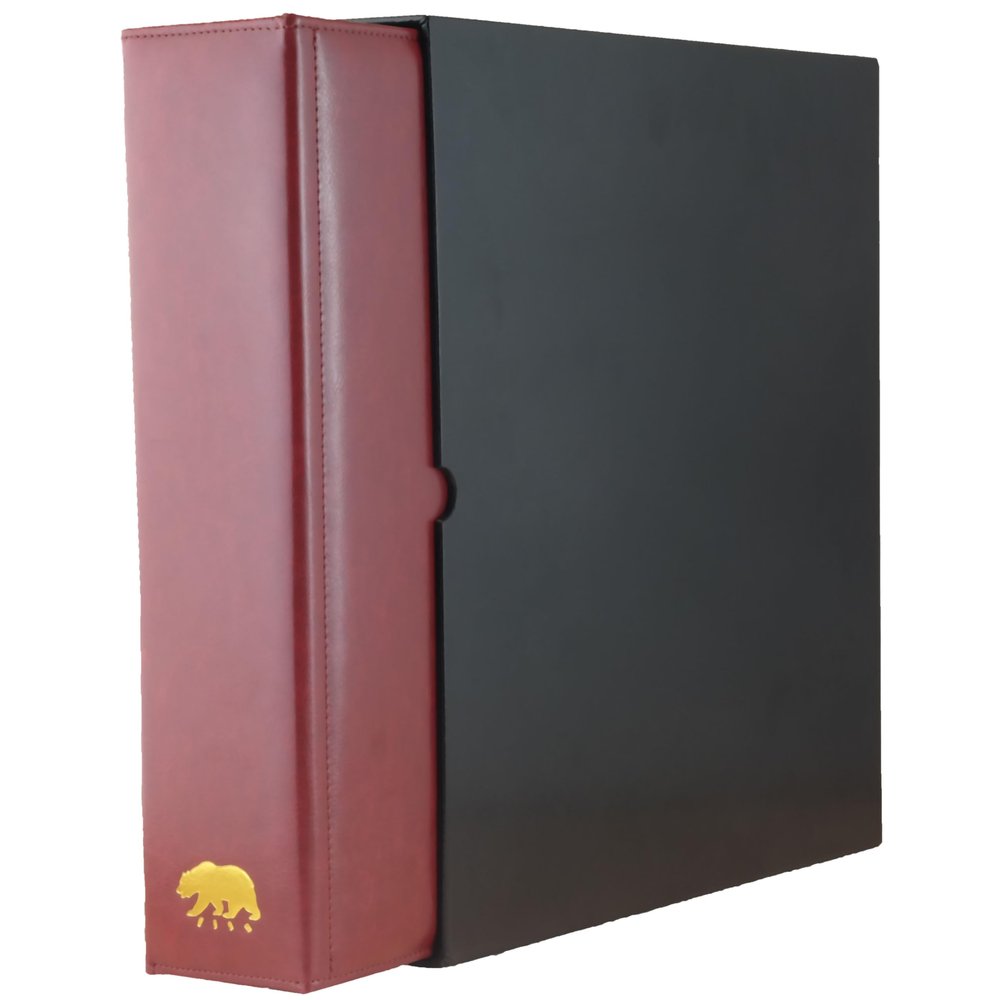 Ursae Minoris Estate Library Deluxe 4 Q-Ring Large Format Binder for Coins, Trading Cards, Stamps, Currency, Bank Notes, Documents, and Other Collectibles - Burgundy with Black Slipcase