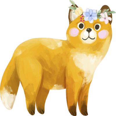 Young Brown Fox Decor Art Watercolor Painting Design Kids Bedroom Nursery Wall Decal Sticker - 19" x 20" Home Living Room Multicolored Animal Floral Crown Design Adhesive Wall Decoration