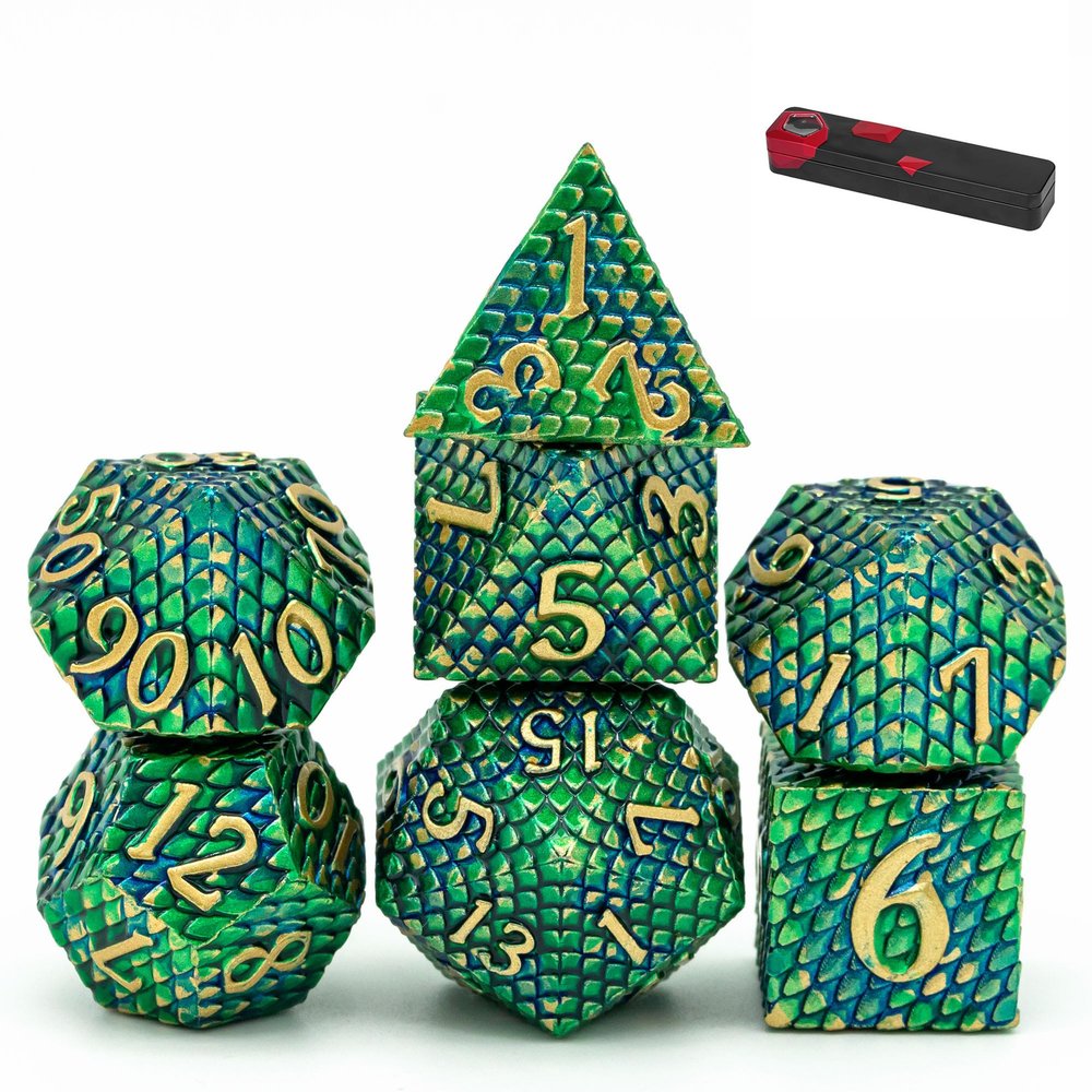 UDIXI Metal Dice Set D&D, 7-Die Dragon Scale Metal DND Dice Set Polyhedral for Role Playing Games and Other Tabletop Game (Green)