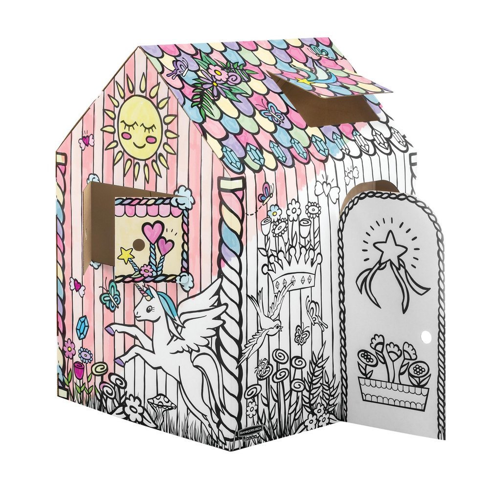 Bankers Box at Play Unicorn House Cardboard Playhouse for Children Craft Colouring - 100% Recyclable - FSC Certified - White