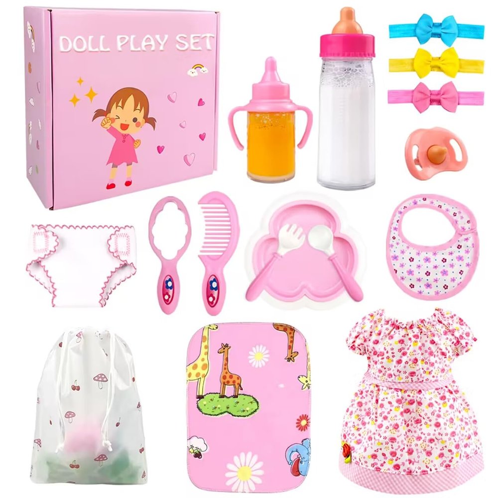 BNUZEIYI Baby Accessories - Feeding and Caring Set With Bottles, Diaper, Changing Mat, Clothes for 14-16 Inch Dolls, 18 Inch Pretend Play Set for Girls Gift