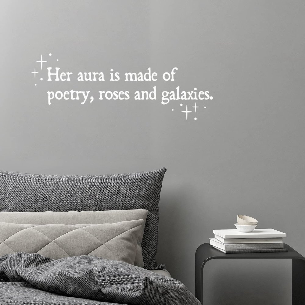 Vinyl Wall Art Decal - Her Aura is Made of Poetry Roses and Galaxies - 9" x 25" - Trendy Inspirational Quote Sticker for Girls Bedroom Living Room Kids Room Home Office Decor (White)