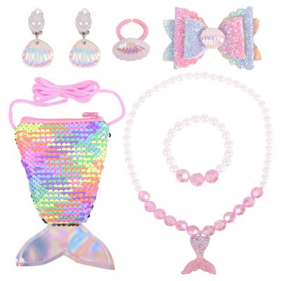 Nenjindz 7pcs Mermaid Dress Up Purse Jewelry Set,Mermaid Necklace Bracelet Earring Set, Pretend Play Mermaid Party Decorations