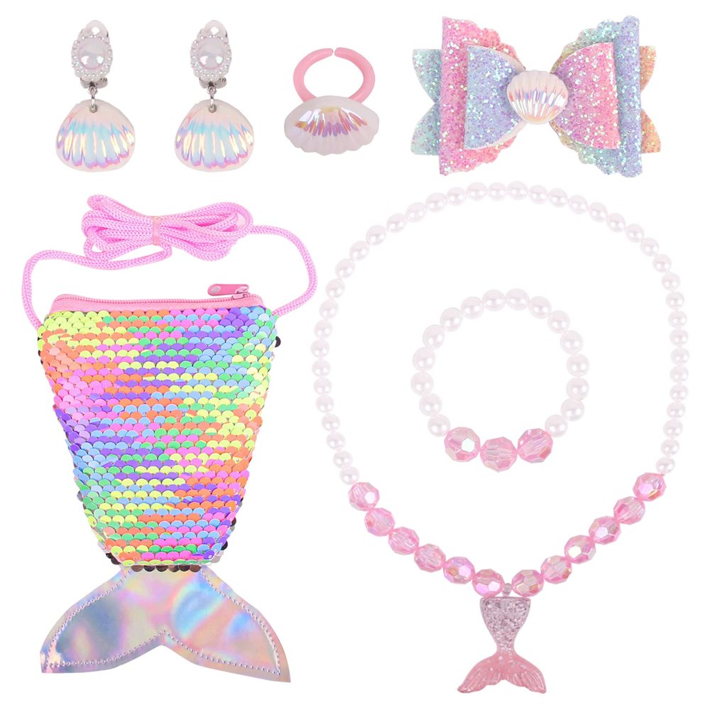 Nenjindz 7pcs Mermaid Dress Up Purse Jewelry Set,Mermaid Necklace Bracelet Earring Set, Pretend Play Mermaid Party Decorations