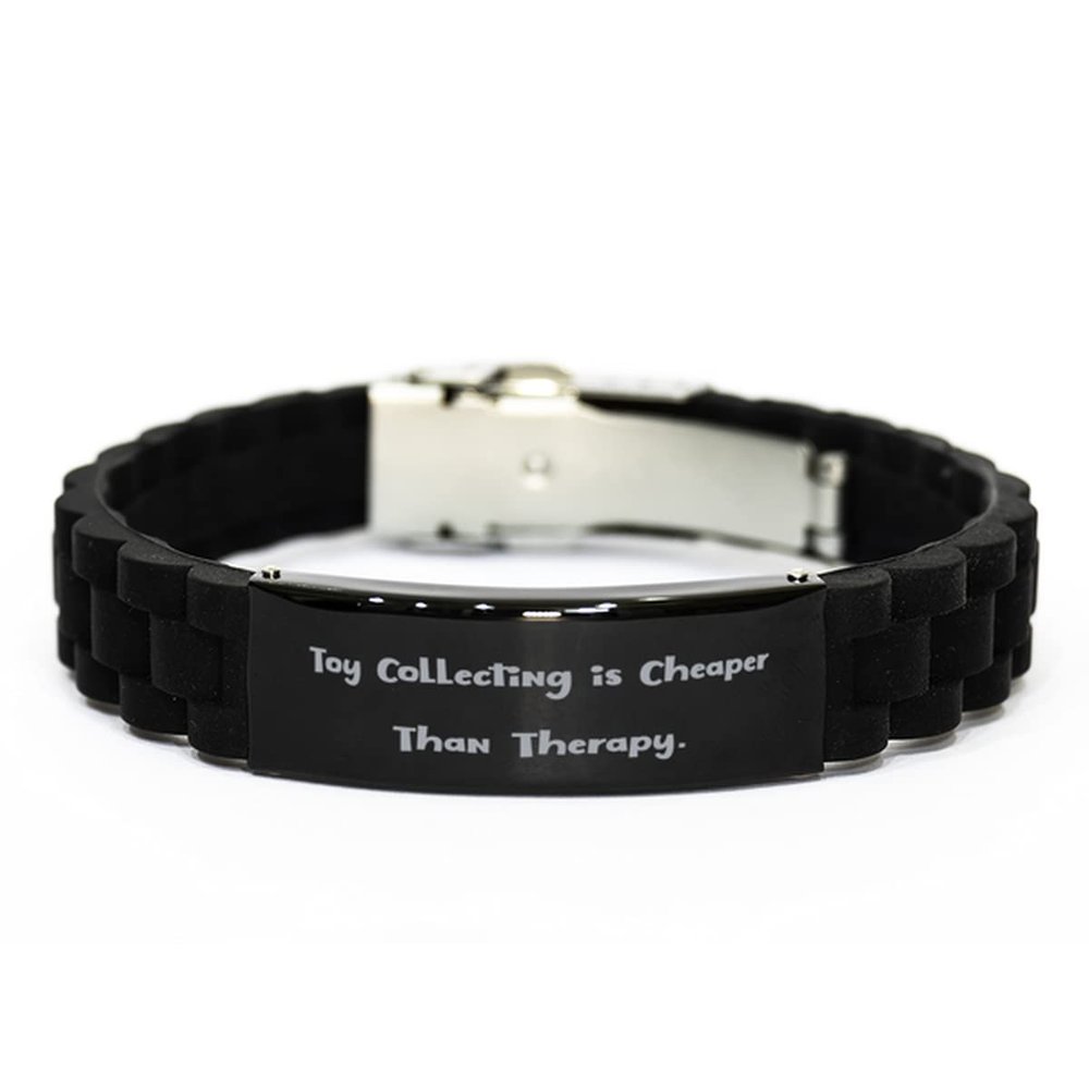 Toy Collecting is Cheaper Than Therapy. Black Glidelock Clasp Bracelet, Toy Collecting Engraved Bracelet, Sarcastic Gifts for Toy Collecting
