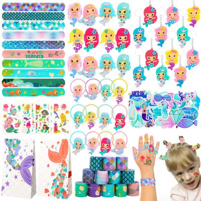 CHRIMISS 102Pcs Mermaid Party Favors Mermaid Bags Mermaid Slap Bracelets Rings Keychain Mermaid Hair Rings Temporary Tattoos Stickers for Kids Birthday Party Supplies Mermaid Goodie Bag Fillers