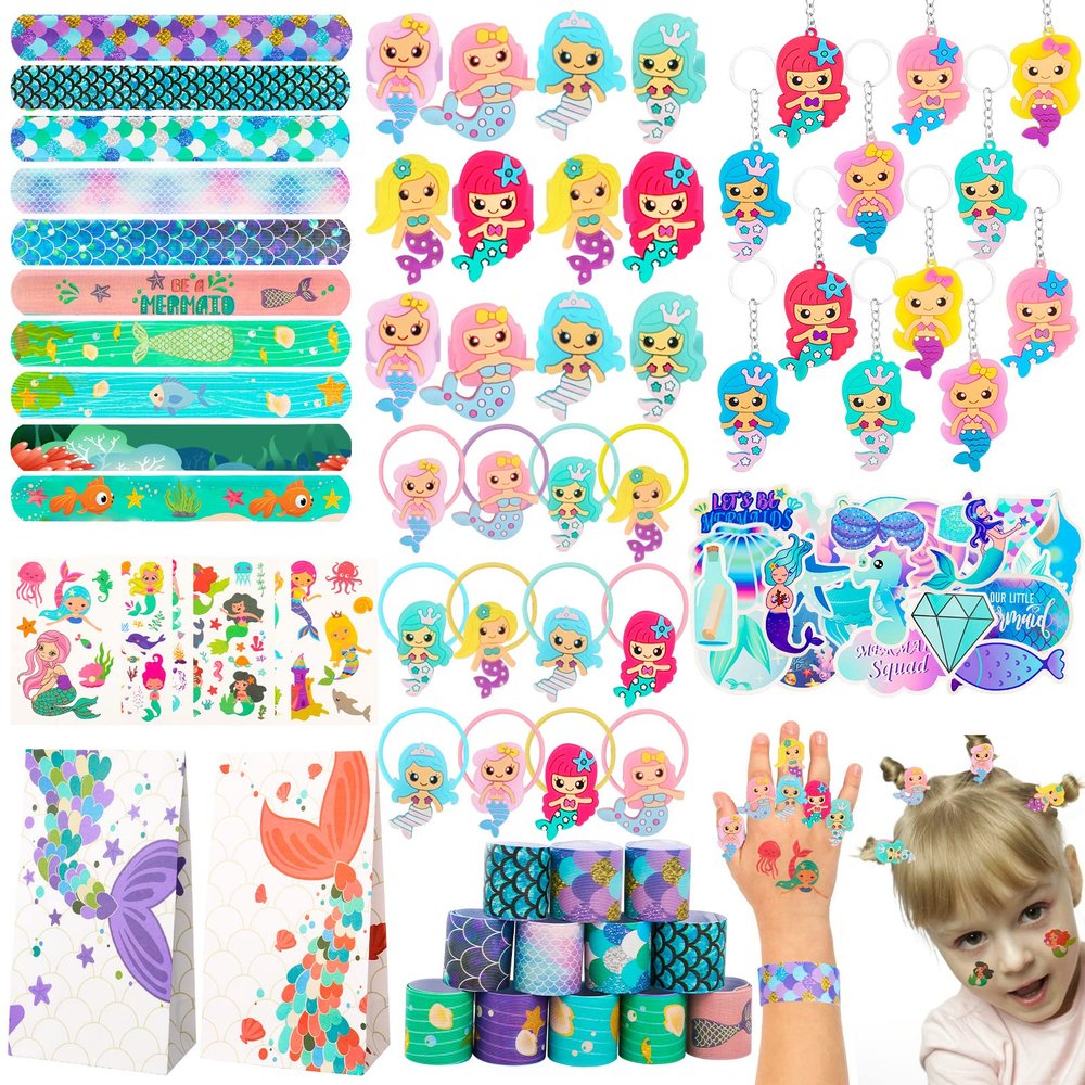 CHRIMISS 102Pcs Mermaid Party Favors Mermaid Bags Mermaid Slap Bracelets Rings Keychain Mermaid Hair Rings Temporary Tattoos Stickers for Kids Birthday Party Supplies Mermaid Goodie Bag Fillers