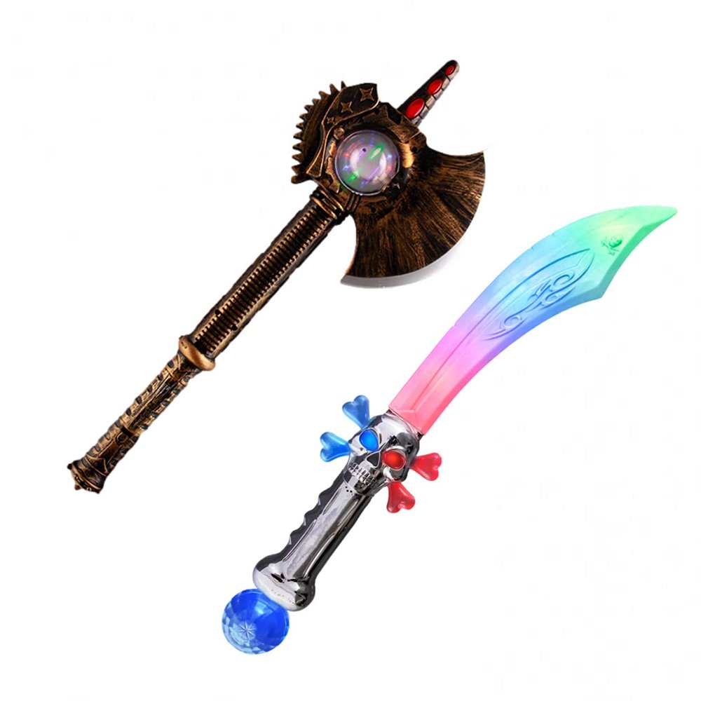 Blinkee 2 in 1 Bundle Medieval Axe Toy with Spinning Lights and Sound Effects and LED Pirate Sword with Prism Ball for Halloween Parties Trick or Treat