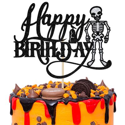 Black Glitter Skeleton Happy Birthday Cake Topper, Skull Spooky Birthday Party Dcor, Halloween Theme Birthday Party Decoration Supplies