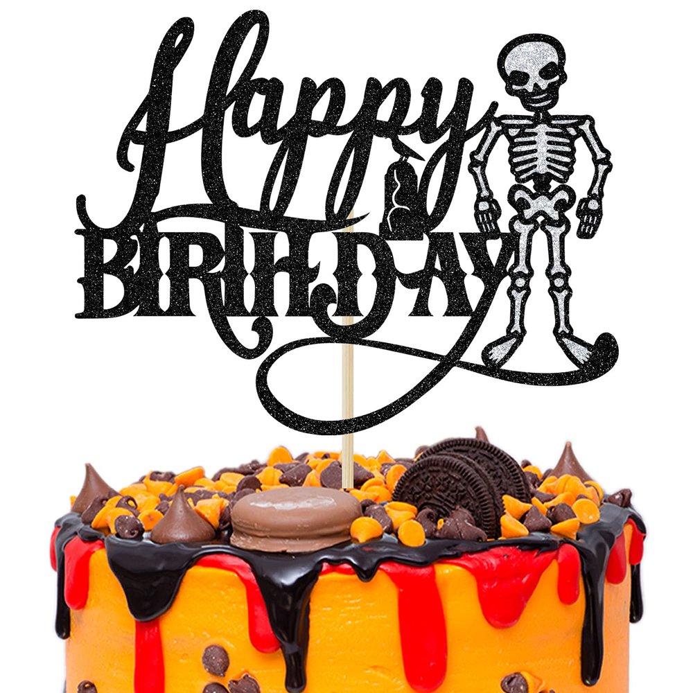 Black Glitter Skeleton Happy Birthday Cake Topper, Skull Spooky Birthday Party Dcor, Halloween Theme Birthday Party Decoration Supplies