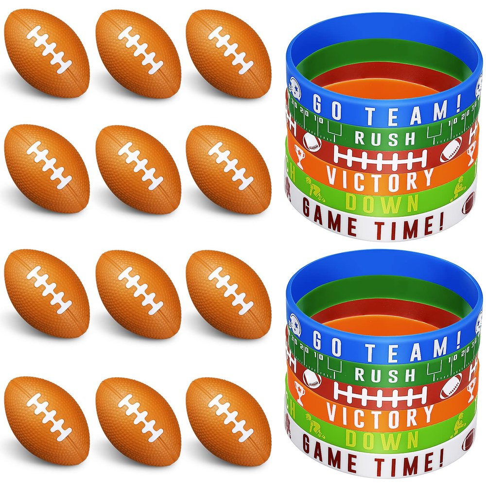 Sumind 24 Pcs Football Party Favors Include Mini Football Stress Balls and Sports Silicone Charm Bracelets Rugby Silicone Wristbands for Sports Themed Birthday Party Reward