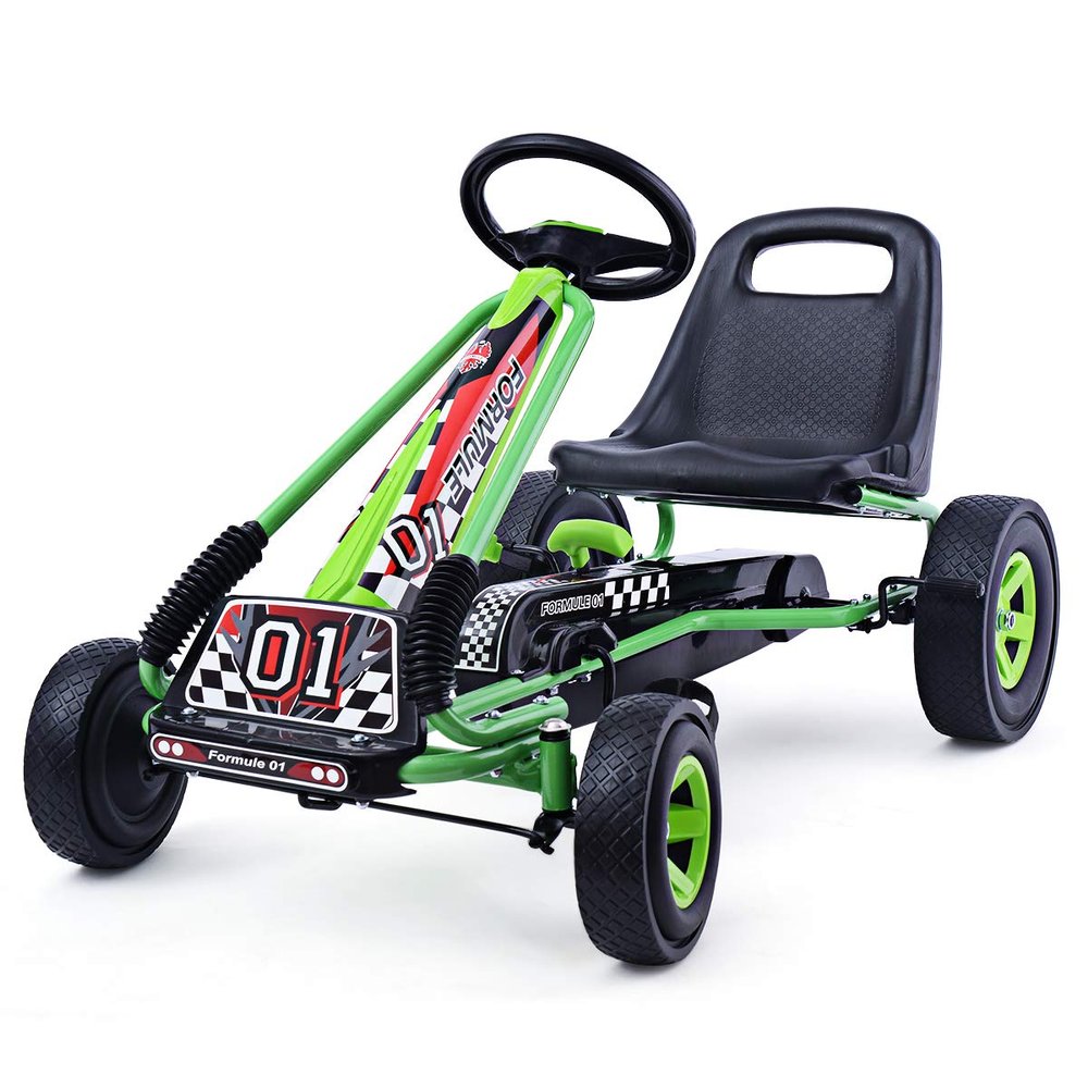 Costzon Go Kart for Kids, 4 Wheel Off-Road Pedal Go Cart w/Adjustable Seat, Steering Wheel, 2 Safety Brakes, EVA Rubber Tires, Ride-On Toys for Boys & Girls, Outdoor Racer Ride On Pedal Car (Green)