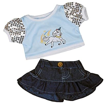 Teddy Mountain Unicorn Glitter Outfit: Stuffed Animal Clothing - Light Blue Top, Dark Jean Skirt, Unicorn Decal - Fits 15"-17" Bears, Including Build-A-Bear