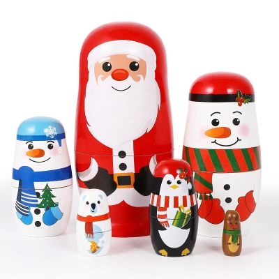 HEALLILY Christmas Wooden Stacking Doll Christmas Russian Matryoshka Doll Wooden Nested with Santa Claus Elk Snowman Polar Bear Penguin for Kids Birthday Toy Party Home Decor
