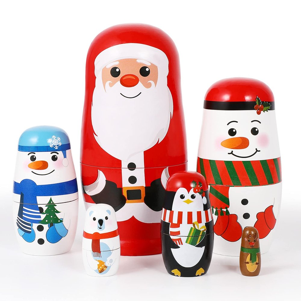 HEALLILY Christmas Wooden Stacking Doll Christmas Russian Matryoshka Doll Wooden Nested with Santa Claus Elk Snowman Polar Bear Penguin for Kids Birthday Toy Party Home Decor