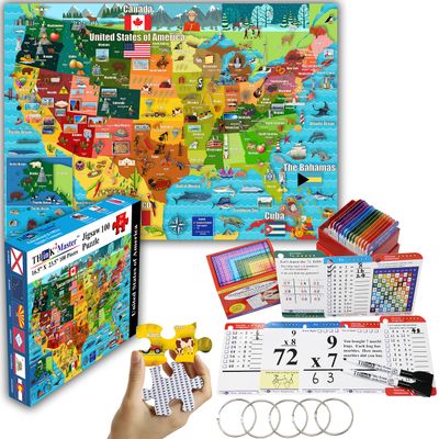 THINK2MASTER Premium 215 Laminated Multiplication Flash Cards & United States Map 100 Pieces Jigsaw Puzzle. (All 0-12 X Facts)| Learn More Than Multiplication.| Designed by A Teacher