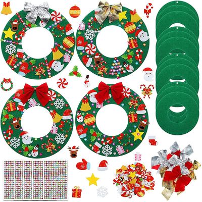 Tatuo 12 Pcs Felt Christmas Tree Wreath Decorating Craft Christmas DIY Ornaments Making Kit with 221 Self Adhesive Felt Stickers 12 Bows and 5 Gem Stickers (Wreath Style)