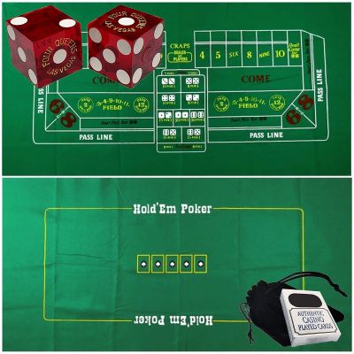Cyber-Deals Craps & Texas Hold'em Poker Essentials Set: 2-Sided 6ft x 3ft Felt Layout, Las Vegas Casino Table-Played Dice & Cards, Plus Storage Pouch (Four Queens (Red Polished))
