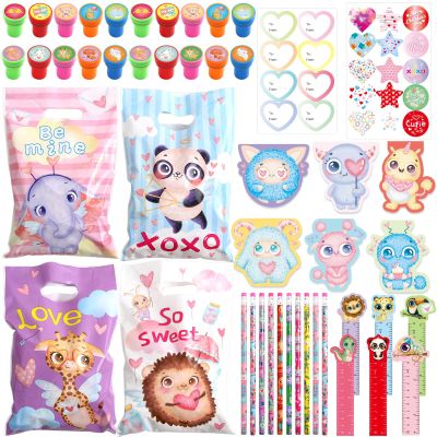 Ceiba Tree 24 Pack Valentines Day Stationery Gifts Set for Kids Classroom Exchange Gift Set with Pencil Notepad Stamp Treat Goodie Bag Stuffers Sticker Ruler for School Valentine Party Favors Supplies