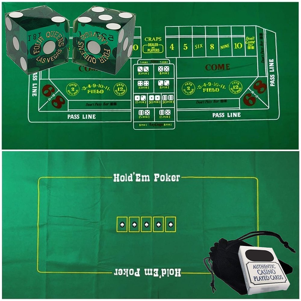Cyber-Deals Craps & Texas Hold'em Poker Essentials Set: 2-Sided 6ft x 3ft Felt Layout, Las Vegas Casino Table-Played Dice & Cards, Plus Storage Pouch (Four Queens (Green Polished))