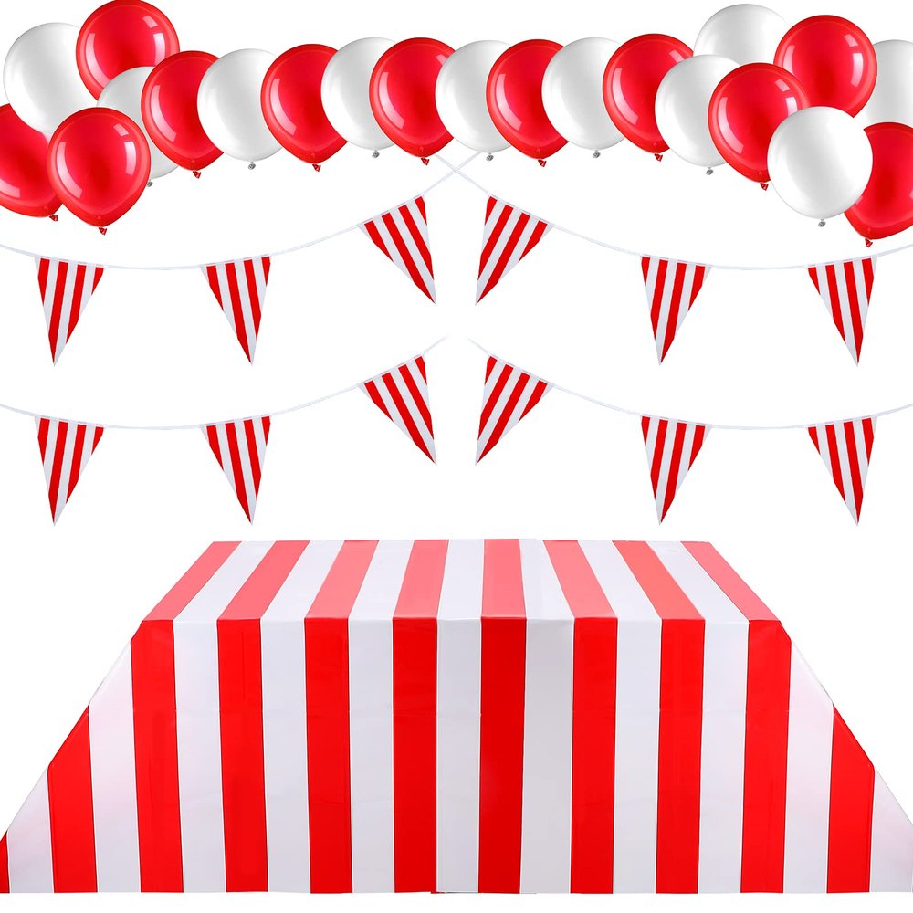 22 Pieces Carnival Theme Party Decorations Set Include Carnival Table Covers Tablecloth Red and White Striped Circus Pennant Banner Bunting Latex Balloons for Wedding Carnival Party Supplies