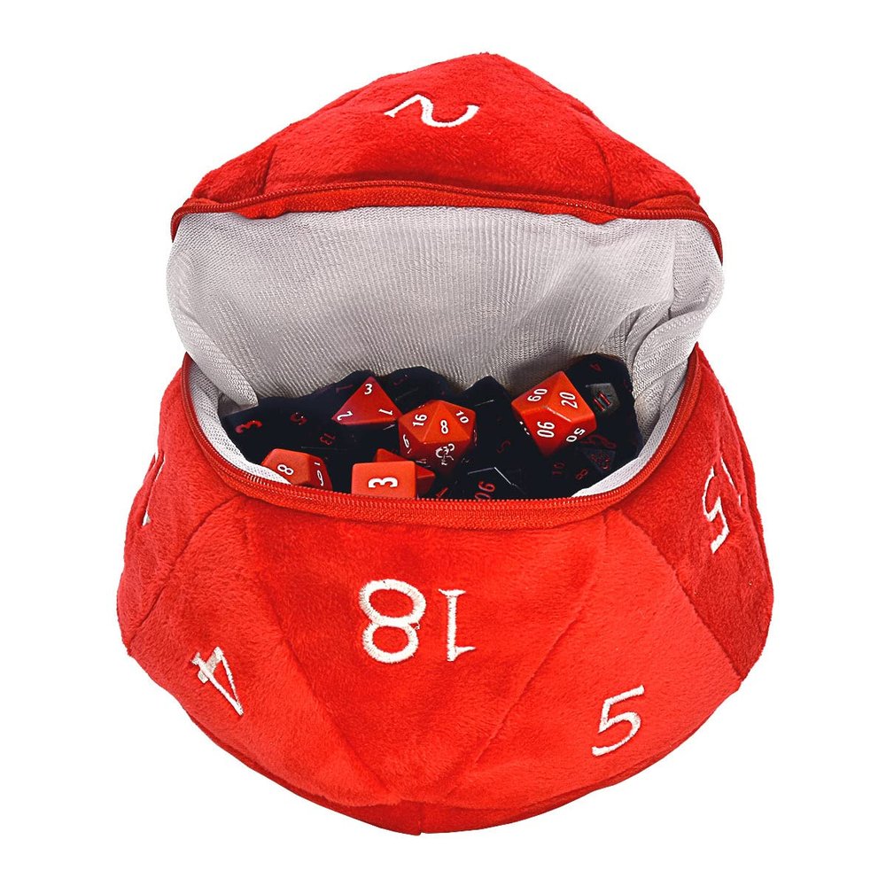 Red and White D20 Plush Dice Bag for Dungeons & Dragons - Great for Carrying Game Dice, Coins, or Other Small Accessories in a Soft Plush Material, Great Gift for Gamers