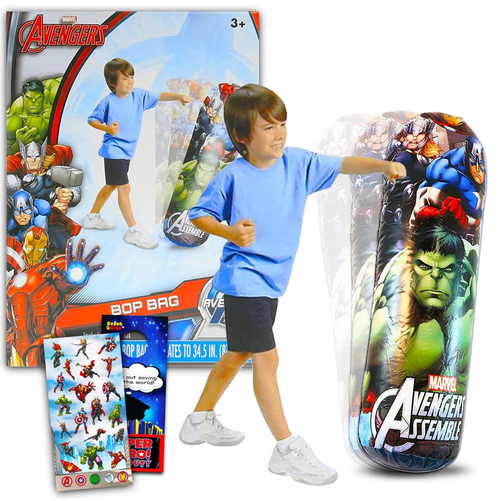 Marvel Avengers Bop Bag Set - 3 Pc Bundle with Superhero Punching Bag for Kids | Avengers Bop Bag with Stickers and More (Marvel Toys and Games)