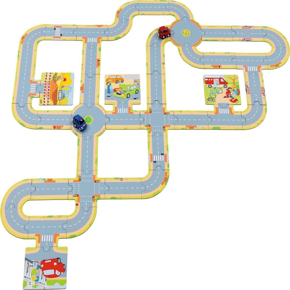 goki 57422 Play Street with 2 Vehicles Traffic Gyro Diameter 14 cm Cardboard Injection Moulded 47 Pieces Multi-Coloured