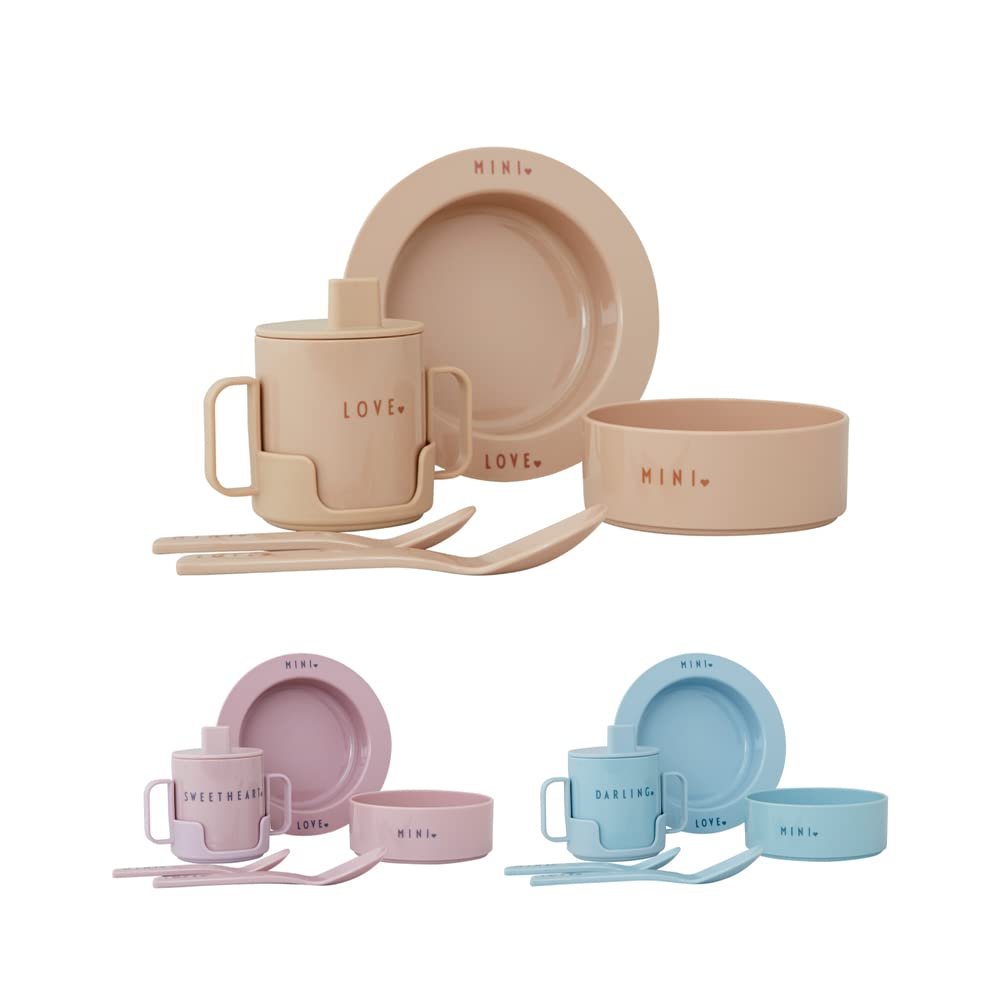 Design Letters Mini Favourite Starter Set Beige | Includes Sippy cups, suction baby bowl, kids deep plate, sippy cups lids, handle and 2 Spoons | BPA-free, BPS-free, drop-safe & dishwasher safe
