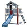 Backyard Discovery Beacon Heights Elevated Cedar Wooden Kids Playhouse with Wave Slide, Play Kitchen, Wrap-Around Deck, Flat-Step Ladder, Half Door, Windows, Bell, and Growth Chart for Outdoor Play view 1