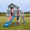 Backyard Discovery Beacon Heights Elevated Cedar Wooden Kids Playhouse with Wave Slide, Play Kitchen, Wrap-Around Deck, Flat-Step Ladder, Half Door, Windows, Bell, and Growth Chart for Outdoor Play view 2
