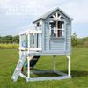 Backyard Discovery Beacon Heights Elevated Cedar Wooden Kids Playhouse with Wave Slide, Play Kitchen, Wrap-Around Deck, Flat-Step Ladder, Half Door, Windows, Bell, and Growth Chart for Outdoor Play view 4