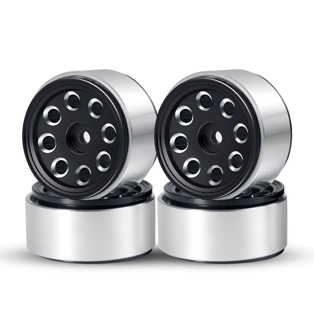 Que-T RC Beadlock Wheel Rims, 4pcs Wheel Hubs for 1/24 Axial SCX24 AXI90081 AXI00001 AXI00002 AXI000024 Upgrade (Bright Black)