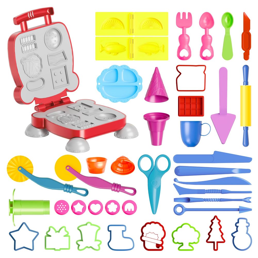 Dough Tools for Kids, 41Pcs Dough Toys Include Play Food Molds - Cupcakes, Ice Cream, Burger, Fries, Noodle, Play Bulk Pack with Roller, Cutters, Scissor, Dough Mat and Storage Bag Gifts (Tools)