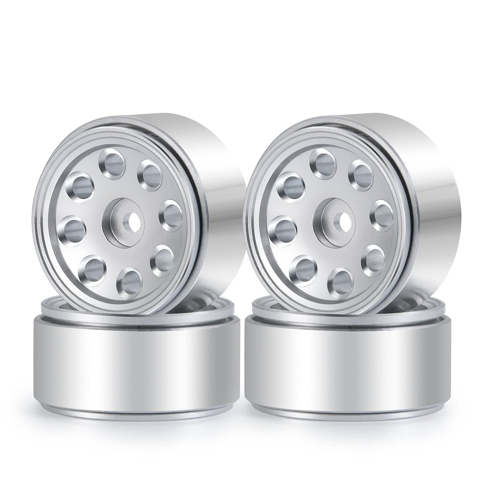 Que-T RC Beadlock Wheel Rims, 4pcs Wheel Hubs for 1/24 Axial SCX24 AXI90081 AXI00001 AXI00002 AXI000024 Upgrade (Bright Silver)